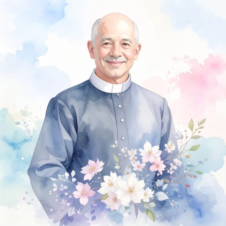 Firefly_Un sacerdote di circa 50 anni,. Indossa  pantaloni e camicia nera e il colletto bianc 75774